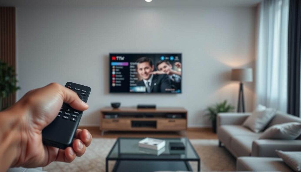 A serene, minimalist home entertainment setup with a smart TV and streaming device. In the foreground, a hand holds a TV remote, gently navigating through a smooth, buffering-free IPTV playlist. The middle ground features the smart TV screen, displaying crisp, high-quality video with no interruptions. The background showcases a cozy, modern living room with soft lighting and clean, elegant furniture, creating a relaxed atmosphere for uninterrupted media consumption. The composition emphasizes the seamless, hassle-free experience of resolving common IPTV installation and usage issues.