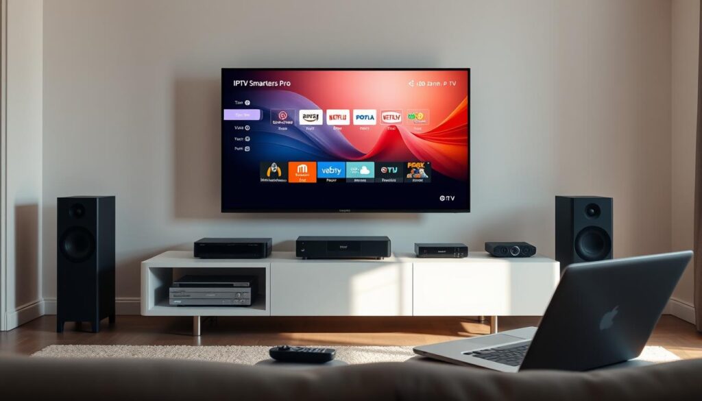 A serene, well-lit home theater setup, featuring a smart TV with the IPTV Smarters Pro interface prominently displayed on the screen. The TV is positioned on a sleek, modern media console, surrounded by neatly organized streaming devices and audio equipment. The lighting is soft and warm, creating a cozy, immersive atmosphere. In the foreground, a remote control and a laptop or tablet are placed, suggesting the optimization of the streaming experience. The background features a minimalist, contemporary room design with clean lines and neutral tones, allowing the focus to remain on the central TV display and the streamlined setup.