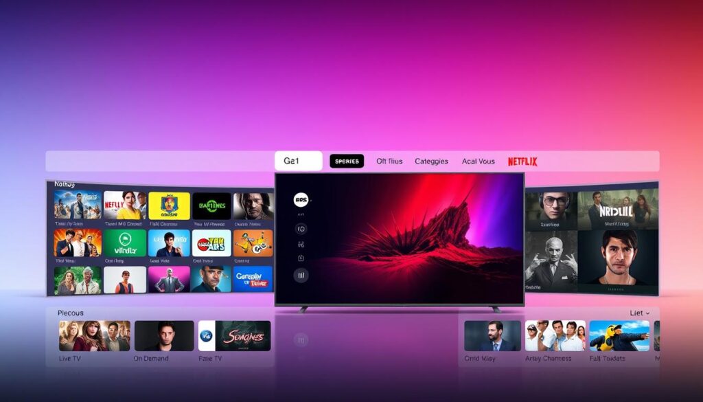 A sleek and intuitive iOS app interface for the Smartone IPTV service, featuring a modern, minimalist design with clean lines and a focus on user-friendly navigation. The app's home screen showcases a grid of colorful channel icons against a subtle gradient background, inviting the user to explore the extensive lineup of live TV, on-demand content, and premium channels. The middle ground highlights a simplified menu bar with intuitive icons for browsing categories, searching for specific programs, and accessing settings. In the foreground, a central focus is placed on a large, high-quality video player, showcasing the app's seamless streaming capabilities and crisp visual quality. The overall atmosphere conveys a sense of sophisticated technology and effortless content consumption, tailored for the iOS ecosystem.