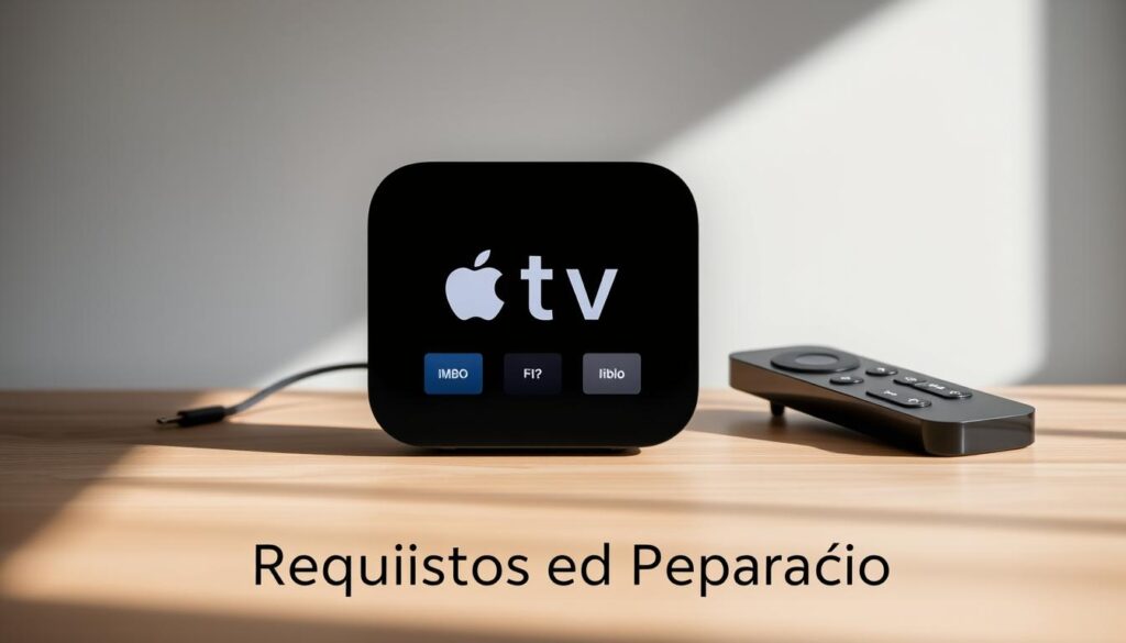 A sleek and modern Apple TV device sits prominently on a minimalist wooden table, with a clean, well-lit setup. The screen displays a crisp, visually appealing interface showcasing the "IBO Pro" app, its logo and interface elements. The surrounding area is neatly organized, with a few essential accessories like a remote control and charging cable visible. The lighting is soft and natural, creating a calm, professional atmosphere. The image conveys the ease and simplicity of setting up the "IBO Pro" app on the Apple TV, reflecting the "Requisitos e Preparação" section of the article.