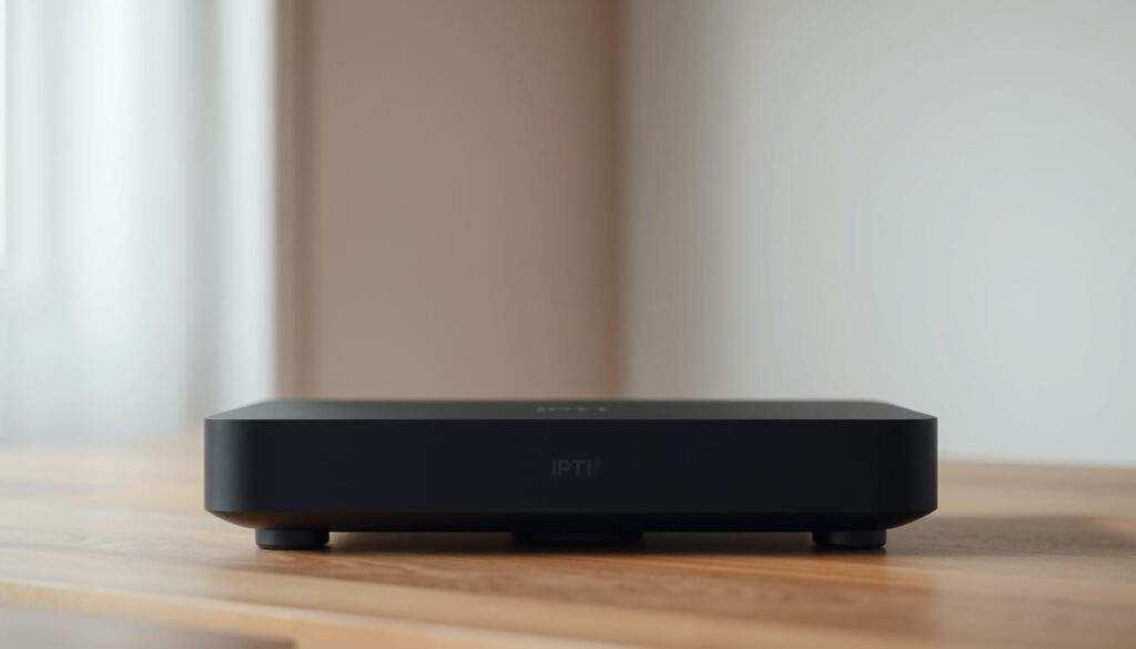 A sleek and modern IPTV device sitting on a minimalist wooden table, its matte black chassis and clean lines creating a sophisticated, technology-focused atmosphere. The device is prominently displayed, with a subtle spotlight illuminating its form and highlighting the simplicity of its design. The background is a soft, blurred gradient, adding depth and emphasis to the central subject. The overall scene conveys a sense of efficiency, professionalism, and the seamless integration of advanced technology into the home environment.