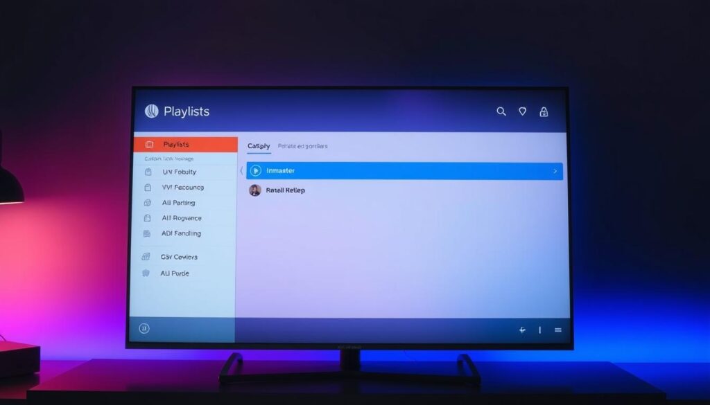 A sleek and modern TV screen displaying the GSE Smart IPTV app's playlist configuration interface. The foreground showcases a clean, intuitive user interface with neatly organized playlist categories, custom icons, and intuitive controls. The middle ground features a prominent "Playlists" section, allowing seamless importation and management of various IPTV content sources. In the background, a subtle gradient or pattern creates a visually appealing and professional atmosphere, complementing the app's design aesthetic. The overall scene conveys a sense of effortless functionality and technological sophistication, reflecting the ease of use and advanced features of the GSE Smart IPTV application.