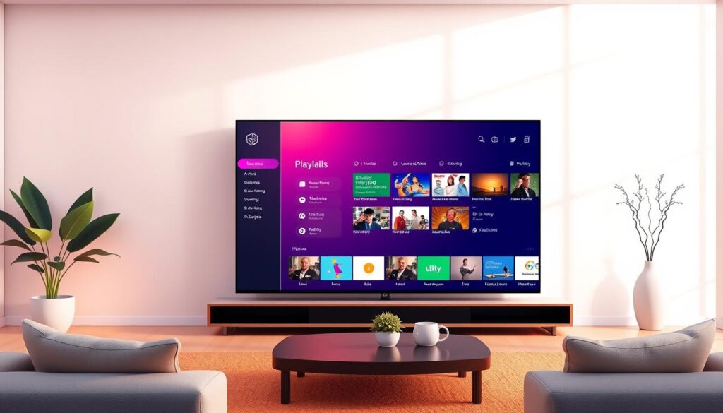 A sleek and modern illustration showcasing the playlist management interface of the GSE Smart IPTV platform. The scene depicts a large, high-resolution display in a minimalist living room setting, with a user navigating the intuitive playlist curation tools on the screen. Soft, warm lighting casts a pleasant ambiance, while the UI design features clean lines, vibrant colors, and an elegant, user-friendly layout. The overall atmosphere conveys the advanced functionality and seamless user experience of the GSE Smart IPTV system.