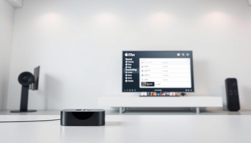 A sleek and modern installation of the Duplex Player app on an Apple TV device, showcased against a clean, minimalist backdrop. The foreground features the Apple TV itself, its elegant design highlighted by carefully positioned lighting, capturing the seamless integration of the Duplex Player interface. The middle ground showcases the Duplex Player's intuitive user interface, with clean lines and intuitive menus displayed on the TV screen. The background is a simple, white or neutral-toned environment, emphasizing the simplicity and functionality of the setup. The overall scene conveys a sense of effortless technology, where the Duplex Player integrates seamlessly with the Apple TV, providing a visually appealing and user-friendly experience.