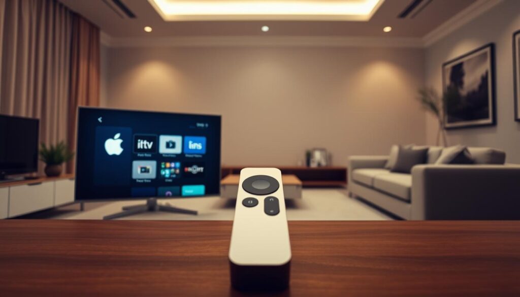 A sleek and modern installation of the Smartone IPTV app on an Apple TV device. In the foreground, the Apple TV interface is prominently displayed, showcasing the Smartone app icon and menu options. The middle ground features the Apple TV remote, highlighting the intuitive controls for navigating the app. In the background, a minimalist living room setting with neutral tones and clean lines provides a sophisticated ambiance. The lighting is soft and indirect, creating a warm and inviting atmosphere. The overall scene conveys the seamless integration of Smartone and Apple TV, delivering a smooth and user-friendly streaming experience.