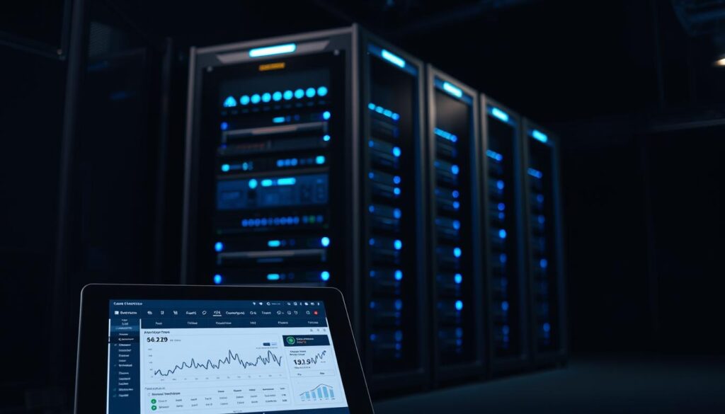 A sleek and modern server rack stands in a dimly lit server room, its front panels illuminated by the soft glow of blue LED status lights. The racked servers are adorned with metallic trim, conveying a sense of power and efficiency. In the foreground, a tablet displays a performance monitoring dashboard, with real-time graphs and charts showcasing the server's resource utilization and network traffic. The background is shrouded in shadows, emphasizing the server's centrality and the importance of optimizing its performance for a smooth IPTV streaming experience.