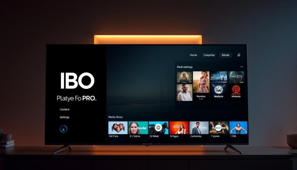 A sleek and modern smart TV display showcases the IBO Player Pro interface. The foreground features the IBO Player Pro logo and a clean, intuitive user interface with various content categories and settings. The middle ground depicts a selection of popular streaming services and media library options. The background subtly blends warm lighting, minimalist architectural elements, and a sense of digital sophistication to create an inviting and immersive visual experience. The overall composition conveys the ease of setup, customization, and seamless access to a wide range of entertainment content on the IBO Player Pro platform.