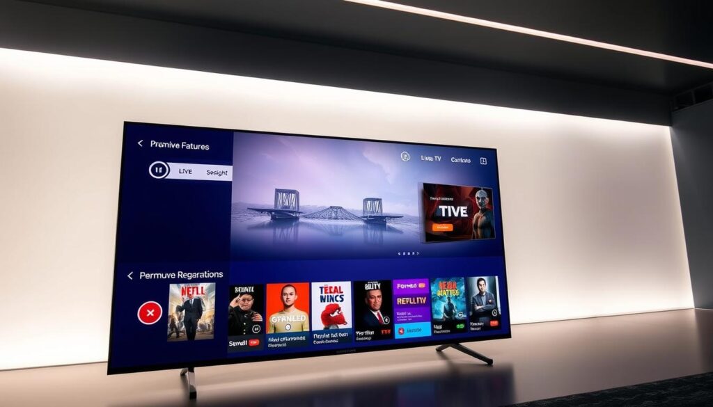 A sleek and modern smart TV interface featuring the TiviMate Premium app, showcasing its exclusive features. The foreground displays the app's intuitive navigation menu, highlighting its customizable layout and user-friendly design. The middle ground showcases a selection of premium content, including live TV channels, on-demand movies, and personalized recommendations. The background depicts a minimalist, high-tech environment, with subtle lighting and clean lines to create a premium, immersive atmosphere. The overall scene conveys the power, versatility, and exceptional user experience of the TiviMate Premium app, perfectly aligning with the article's subject and section title.