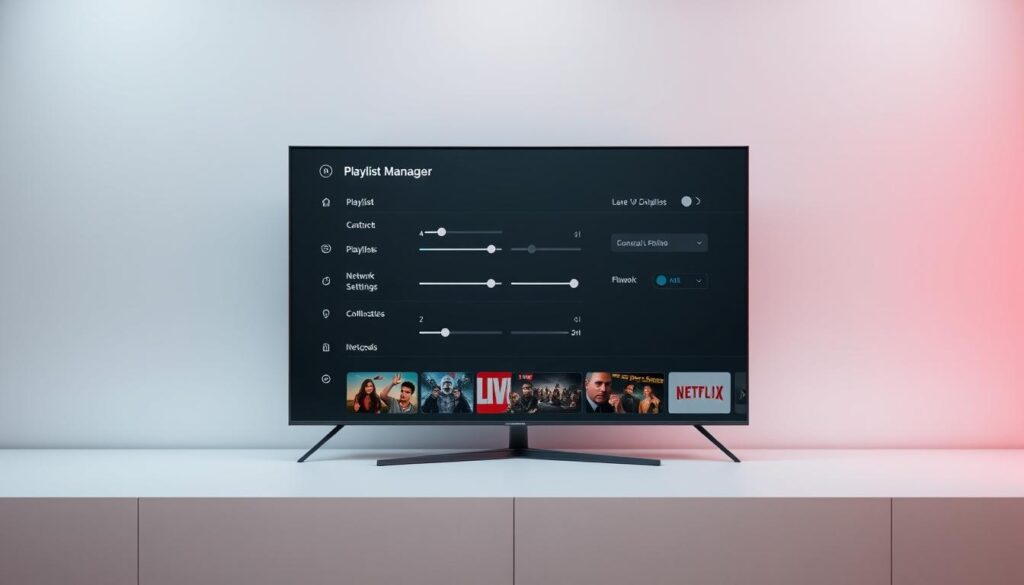 A sleek and modern smart TV interface with an intuitive playlist manager. In the foreground, a series of playlists are displayed, each with a clear title and thumbnail. The middle ground features advanced configuration settings, with sliders and toggles for adjusting audio, video, and network parameters. The background showcases a minimalist, gradient-based design, creating a clean and polished aesthetic. Soft, diffused lighting illuminates the scene, giving it a subtle, professional vibe. The overall composition conveys a sense of control and customization, perfect for illustrating the "Gestão de Playlists e Configurações Avançadas" section of the article.
