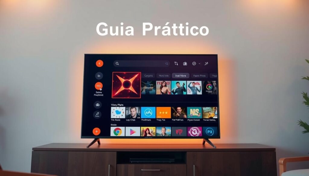 A sleek and modern smart TV interface, with the HotPlayer IPTV app store prominently displayed on the screen. The interface features a clean, minimalist design with a grid of colorful app icons. The background is a soft, neutral tone, allowing the app store to take center stage. The lighting is warm and inviting, creating a welcoming atmosphere. The camera angle is slightly elevated, providing a clear and unobstructed view of the app store. The overall composition conveys a sense of ease and accessibility, perfectly capturing the "Guia Prático" (Practical Guide) theme of the article.