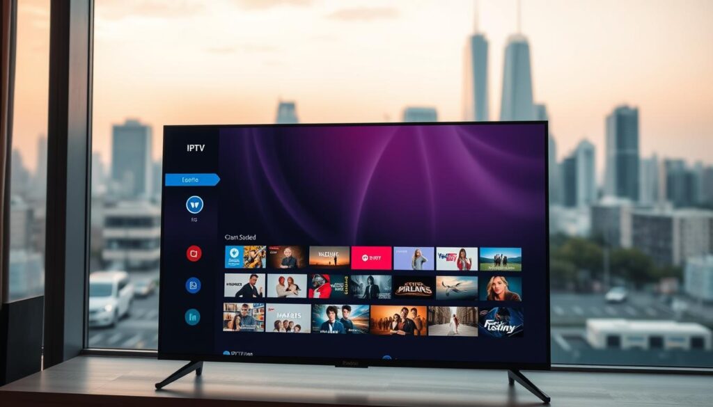 A sleek and modern smart TV screen displays a vibrant IPTV interface, showcasing a clean and intuitive user experience. The foreground features a well-organized menu system with crisp icons and smooth animations, inviting the viewer to navigate effortlessly. The middle ground depicts various streaming content options, each with a clear and visually appealing thumbnail. In the background, a soft, blurred cityscape with towering skyscrapers sets a serene and sophisticated tone, emphasizing the optimization and refinement of the IPTV viewing experience. The overall scene is illuminated by warm, natural lighting, creating a sense of comfort and immersion.