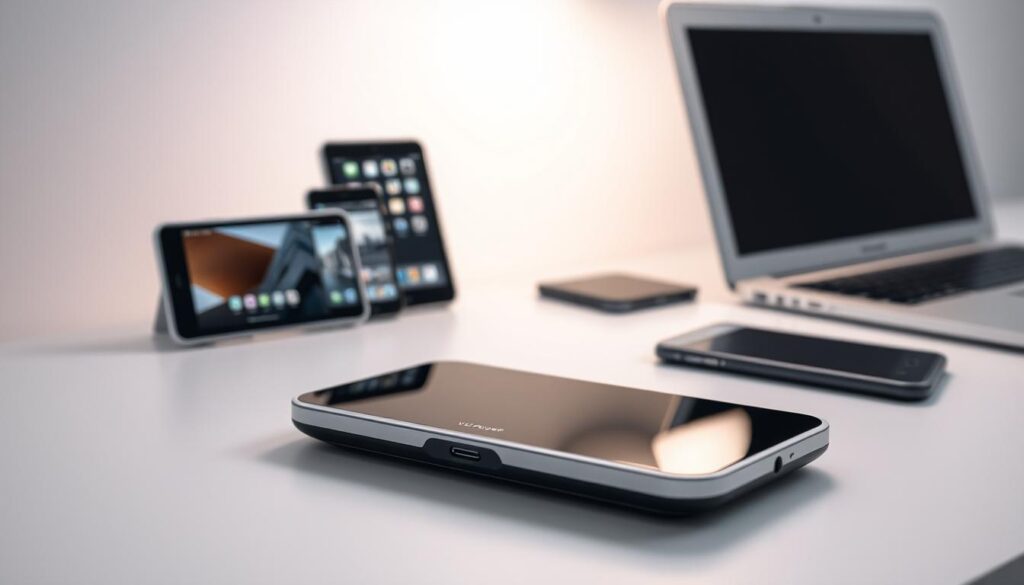 A sleek and versatile VU player device resting on a minimalist desk, its screen displaying a diverse array of mobile devices - a smartphone, tablet, and laptop - seamlessly integrated into a cohesive, modern setup. Soft, diffused lighting accentuates the clean, streamlined design of the player, conveying a sense of technological sophistication and cross-platform compatibility. The scene exudes a professional, elegant atmosphere, hinting at the VU player's ability to seamlessly transition between various devices, catering to the needs of a dynamic, tech-savvy user.