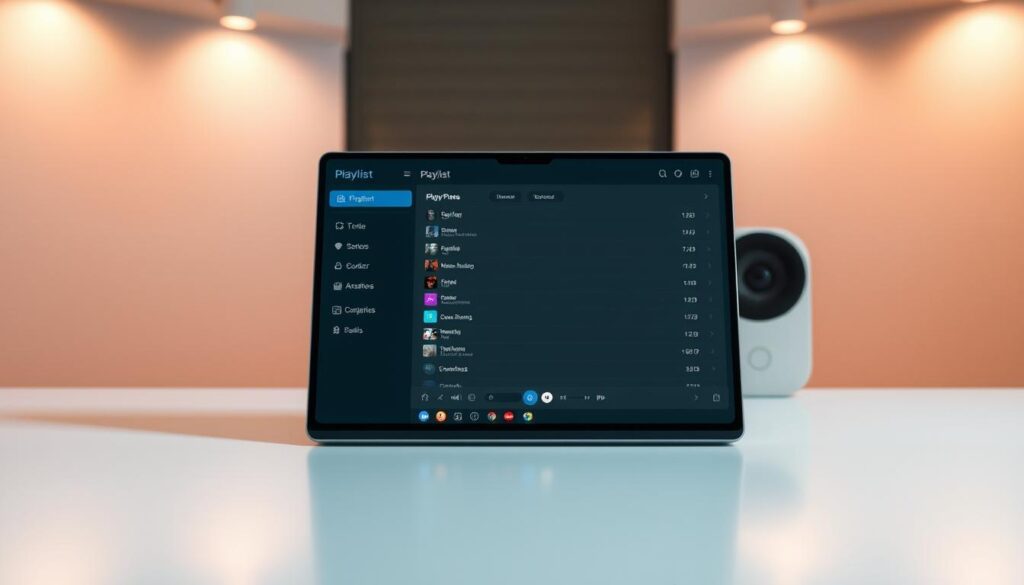 A sleek, intuitive playlist configuration interface for the iBO Pro app. A minimalist desktop view showcases the playlist menu in the foreground, with a clean, clutter-free layout and customizable options. In the middle ground, the app's main controls and settings are visible, allowing for seamless playlist management. The background features a subtle, blurred backdrop, keeping the focus on the playlist configuration details. Soft, warm lighting casts a professional, polished atmosphere, highlighting the app's premium design and user-friendly experience.
