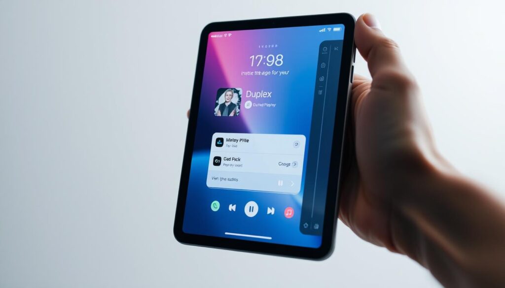 A sleek, minimalist iOS device with a vibrant, high-resolution display showcasing the Duplex Player app interface. The device is held in a hand, capturing the intuitive user experience. The background is a clean, neutral tone, drawing focus to the app's elegant design. Soft, directional lighting accentuates the device's curves and highlights the app's key features. The composition emphasizes the seamless integration of Duplex Player within the iOS ecosystem, conveying a sense of user-friendly simplicity and technological sophistication.