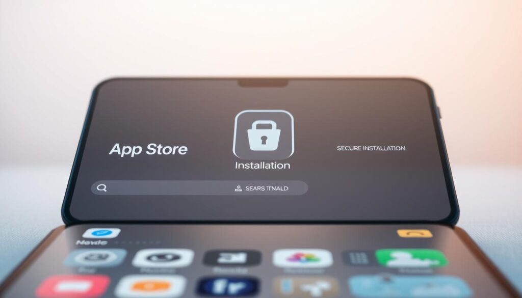 A sleek, minimalist mobile app store interface with a clean, modern aesthetic. The foreground features a prominent "APP STORE" logo and a search bar, with a selection of app icons neatly arranged below. The middle ground showcases a secure installation process, with a step-by-step progress indicator and a reassuring "SECURE INSTALLATION" message. The background is a soft, blurred gradient, creating a sense of depth and focus on the core functionality. The lighting is soft and natural, with a subtle glow emanating from the screen elements. The camera angle is slightly elevated, providing an optimal, user-friendly perspective.