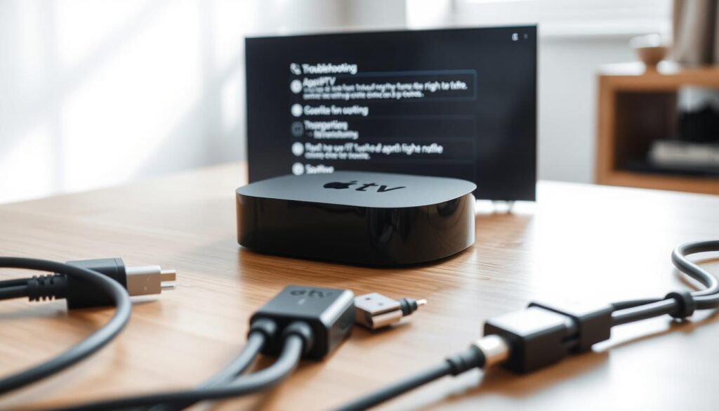 A sleek, modern Apple TV device on a wooden surface, its interface displaying a troubleshooting menu with options to resolve IPTV connection issues. In the foreground, various cables and adapters lay neatly organized, suggesting a step-by-step process to optimize the IPTV setup. The background features a minimalist, light-filled room, creating a calming, technical atmosphere. Soft, directional lighting accentuates the device's elegant design and the troubleshooting interface's clarity. The composition conveys a sense of problem-solving and a seamless integration of technology into the home environment.