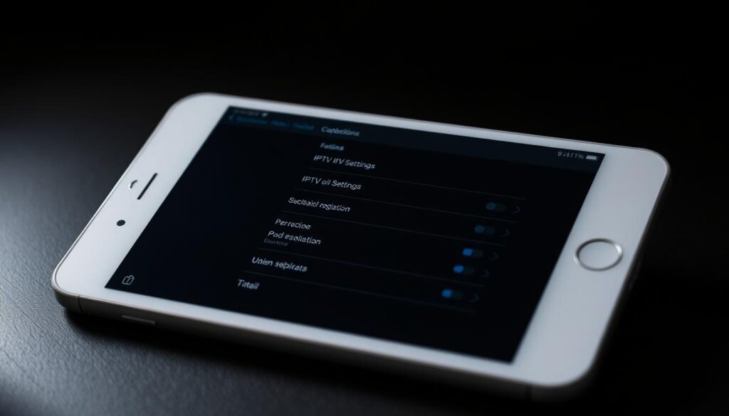 A sleek, modern IPTV app configuration interface displayed on the screen of an Apple device, such as an iPhone or iPad. The UI features a clean, minimalist design with a focus on intuitive navigation and content organization. Various settings and options are neatly arranged, allowing the user to easily customize their IPTV experience. The device is positioned at a slightly elevated angle, capturing the screen in crisp detail and showcasing the app's sophisticated aesthetic. Subtle lighting and shadows add depth and dimension to the composition, creating an overall impression of elegance and professionalism.