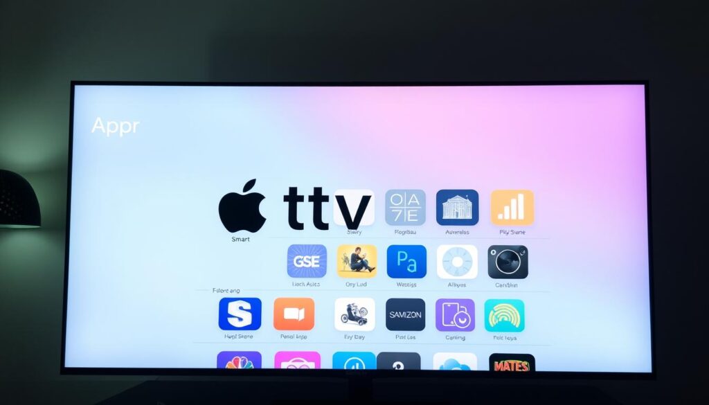 A sleek, modern interface of the Apple TV App Store, showcasing a clean design with a grid of app icons. The screen has a soft, ambient lighting, creating a sophisticated and inviting atmosphere. The layout is well-organized, with clear categories and intuitive navigation. The foreground features the central App Store interface, while the background subtly hints at the Apple TV device or living room setting. The image conveys a sense of seamless integration and user-friendly experience, fitting the subject of installing the GSE Smart app on Apple TV.