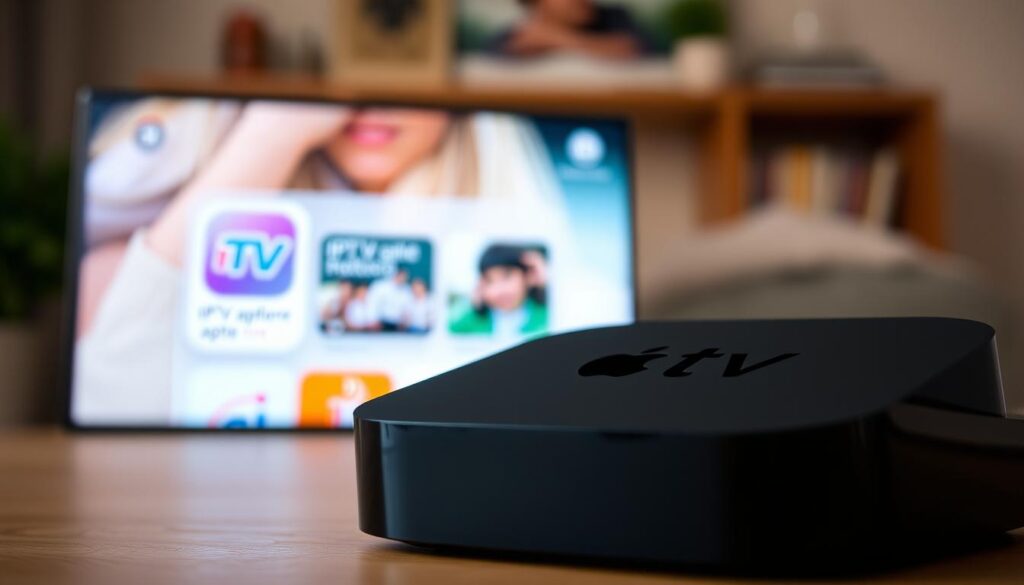A sleek, modern-looking Apple TV device prominently displayed in the foreground, its clean and minimalist design evocative of Apple's signature style. In the middle ground, the App Store interface is visible, showcasing the "IPTV aplicação" app icon and its details. The background is a blurred, out-of-focus scene, hinting at the home setting where the Apple TV is likely to be used. The overall scene is well-lit, with a warm, inviting glow that suggests a cozy, domestic environment. The image conveys a sense of seamless integration between the Apple TV, the App Store, and the user's living space, capturing the essence of the "How to install iptvnator on Apple TV" section.