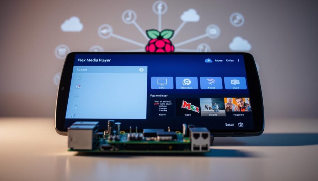 A sleek, modern media player interface displayed on a Raspberry Pi device, seamlessly integrated with various online services and functionalities. The foreground features the Plex Media Player application's clean, intuitive dashboard, showcasing its ability to access and stream content from various sources. The middle ground highlights the Raspberry Pi hardware, its compact form factor blending seamlessly with the digital display. In the background, a subtle network diagram or cloud-based service icons illustrate the integration and connectivity that allows the Plex player to access a wide range of multimedia content. The overall scene conveys a sense of effortless media consumption, enabled by the powerful combination of the Raspberry Pi and the Plex application.