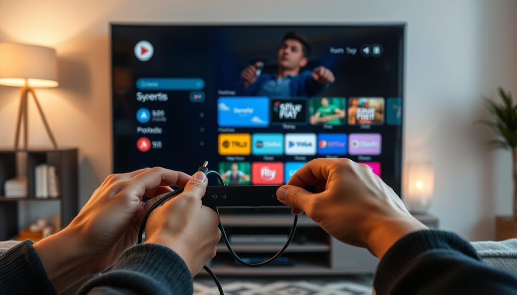 A smartly-lit, high-quality close-up view of an IPTV device installation process on a sleek modern smart TV screen. The foreground shows hands carefully connecting cables and setting up the IPTV app with a minimalist interface. The middle ground depicts the smart TV displaying the Flix IPTV Smarters app's user-friendly navigation menu. The background subtly showcases the living room environment with soft, warm lighting and clean, contemporary decor, creating a cozy, inviting atmosphere for the home entertainment setup.