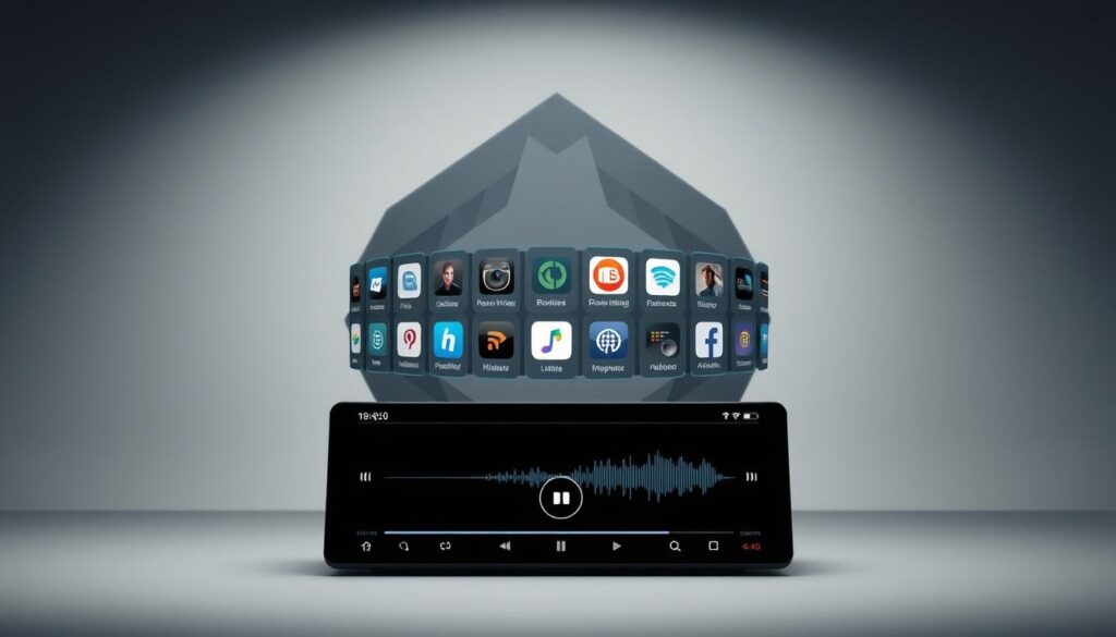 A sophisticated and modern interface showcasing the key features of IBO Player Pro, set against a clean and minimalist backdrop. In the foreground, a sleek media player UI with intuitive controls and a visually striking visualization of audio playback. In the middle ground, a carousel of app icons highlighting the diverse functionality, from streaming services to media library management. In the background, a subtle geometric pattern or abstract texture that complements the overall aesthetic. The lighting is soft and even, with a slight gradient that draws the eye towards the central UI elements. The camera angle is slightly elevated, giving a sense of depth and emphasizing the user-centric design. The overall mood is one of professionalism, utility, and technological sophistication.
