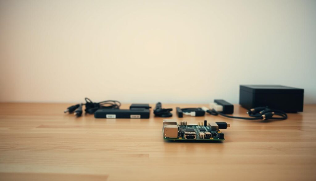 A step-by-step guide to installing the Raspberry Pi on a clean, minimalist wooden table. The device itself sits prominently in the foreground, its sleek black casing and iconic silhouette illuminated by soft, warm lighting. In the middle ground, a collection of cables, adapters, and other accessories are neatly arranged, suggesting the methodical process of setting up the system. The background features a plain, neutral-colored wall, allowing the focus to remain on the task at hand. The overall atmosphere is one of calm, clarity, and attention to detail, inviting the viewer to engage with the guide and follow along seamlessly.