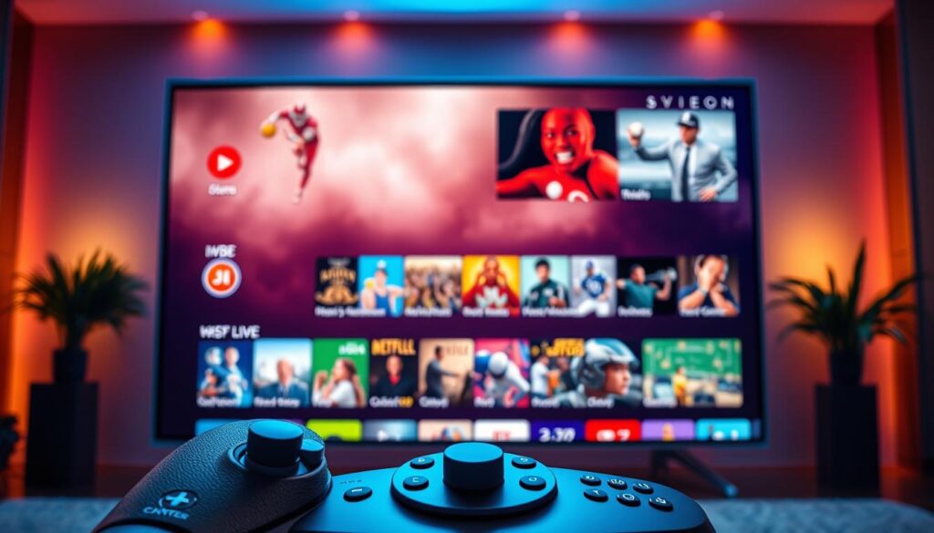 A vibrant and modern smart TV display showcasing the IBO Player interface. In the foreground, the IBO Player's intuitive on-screen controls and sleek user interface are prominently featured, inviting the viewer to interact. The middle ground depicts a diverse selection of media content, from movies and TV shows to live sports and news, all readily accessible through the IBO Player's comprehensive platform. The background subtly blends warm, ambient lighting with a minimalist, technology-inspired setting, creating a visually immersive and inviting atmosphere for optimal viewing experience.