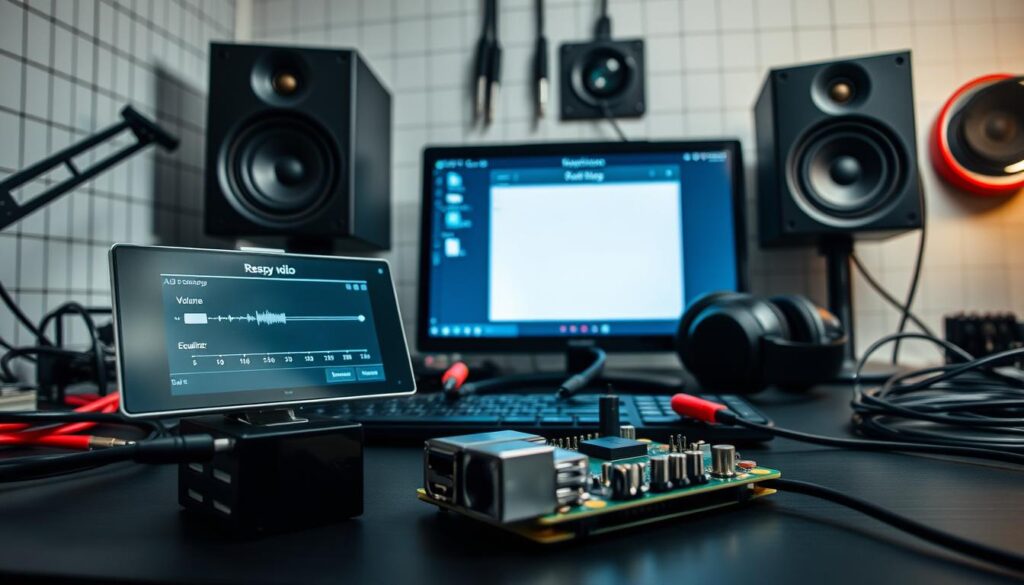 A well-lit Raspberry Pi workstation showcasing the audio configuration interface. In the foreground, the Raspberry Pi device is prominently displayed, its GPIO ports and peripherals visible. The display shows the audio settings menu, with sliders and options for adjusting volume, equalizer, and other audio-related parameters. In the middle ground, various audio cables, headphones, and speakers are neatly arranged, suggesting a comprehensive setup. The background features a clean, minimalist workspace with a subtle grid pattern, conveying a sense of precision and organization. The overall scene exudes a professional, technical atmosphere, suitable for guiding users through the audio configuration process on a Raspberry Pi.
