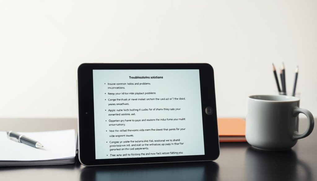 A well-lit, clean and modern desktop environment showcasing an iOS device screen displaying various troubleshooting solutions for video playback issues. The foreground features the iOS device positioned prominently, with the screen displaying a selection of steps or recommendations to resolve common video playback problems. The middle ground includes office accessories like a pen, notebook, and a coffee mug, suggesting a professional, productive setting. The background depicts a minimalist, light-colored wall, creating a sense of simplicity and focus on the main subject matter. The overall mood is informative, helpful and visually appealing, conveying the ideas of technical solutions and advice for iOS video playback challenges.