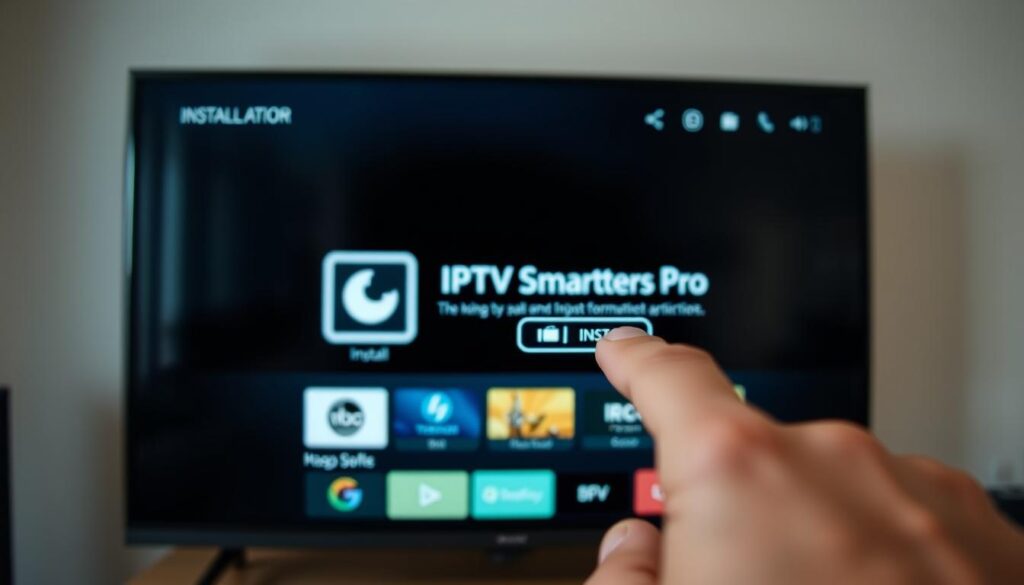 A well-lit, close-up view of a smart TV screen displaying the installation process for the IPTV Smarters Pro app. The foreground shows a finger tapping the "Install" button on the app's installer interface, with the app's logo and interface elements prominently visible. The middle ground features the smart TV's home screen or menu, blurred slightly to maintain focus on the installation process. The background has a sense of domestic setting, with hints of furniture or decor to convey the app being installed on a home entertainment system. The overall mood is one of focused interaction, with a clean, modern aesthetic to match the digital nature of the subject matter.