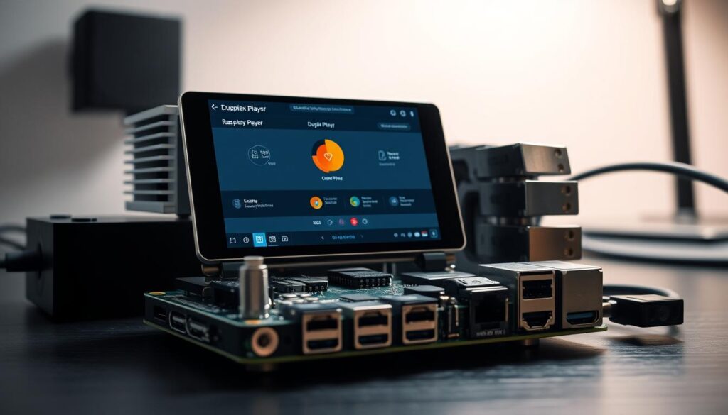 A well-lit, detailed Raspberry Pi device with a prominent Duplex Player interface. The foreground features the Raspberry Pi's sleek casing, with a clean and intuitive software dashboard displayed on the screen. The middle ground showcases the system's components, including heat sinks, cables, and ports, all precisely arranged for optimal performance. The background depicts a minimalist, technical environment, perhaps an office or workbench, emphasizing the Raspberry Pi's versatility and the configurability of the Duplex Player software. The overall scene conveys a sense of precision, efficiency, and the seamless integration of hardware and software, reflecting the "Configuração e Otimização do Sistema" section of the article.