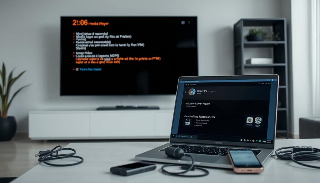 A well-lit, detailed scene depicting common media player issues and their solutions. In the foreground, a modern smart TV screen displays various error messages and icons. The middle ground features an open laptop, with a media player app interface displayed, surrounded by common troubleshooting tools like cables, remote controls, and a smartphone. In the background, a clean, minimalist office or living room setting, with neutral tones and clean lines, creates a calm, professional atmosphere. The overall composition conveys a sense of problem-solving and technical expertise, reflecting the "Dicas e Soluções para Problemas Comuns" section of the article.