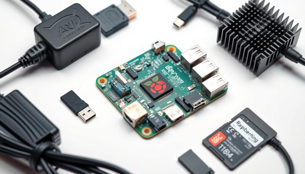 A well-lit, high-resolution close-up of a Raspberry Pi 4 computer board, surrounded by the necessary components for setting it up, including a power supply, HDMI cable, Ethernet cable, micro-SD card, and cooling heatsink. The components are neatly arranged on a clean, white background, showcasing their form and function in a visually appealing and informative manner. The lighting is soft and diffused, highlighting the details and textures of the hardware. The overall composition is balanced and aesthetically pleasing, conveying a sense of organization and preparedness.
