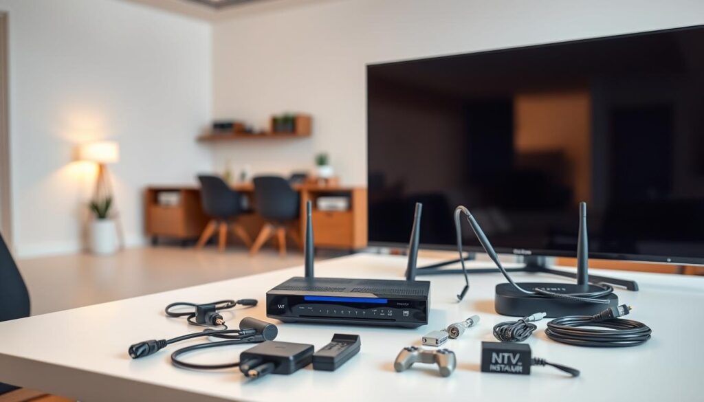 A well-lit, highly detailed scene depicting the essential equipment and hardware required for a successful IPTV setup. In the foreground, a collection of modern streaming devices such as a smart TV, a set-top box, and a router, arranged neatly on a minimalist desk. In the middle ground, various cables, adapters, and accessories necessary for connecting and configuring the IPTV system. The background features a clean, minimalist office or living room environment, with subtle hints of technology and connectivity. The overall mood is one of organization, efficiency, and a sense of preparedness for the IPTV installation process.