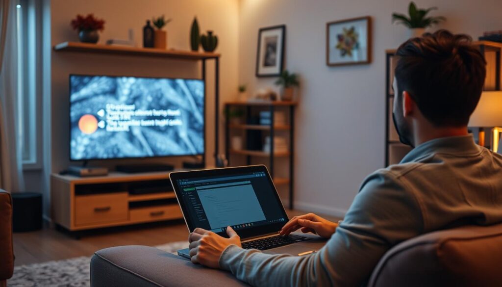 A well-lit indoor scene depicting a person troubleshooting a smart TV connected to an IPTV streaming service. In the foreground, a person sits on a couch, laptop open, examining error messages and attempting to resolve connectivity issues. The middle ground shows the smart TV displaying a frozen or error-filled screen, suggesting technical difficulties. The background features a cozy living room environment with shelves, decor, and other household elements. The overall mood is one of focused problem-solving, with a sense of frustration but also determination to find a solution.