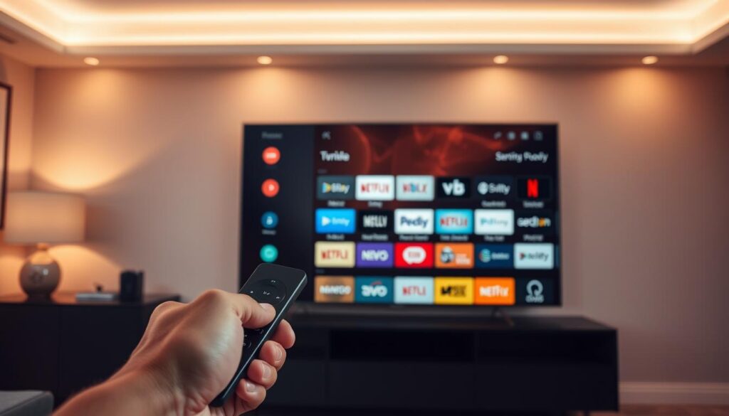 A well-lit room with a modern smart TV displaying the TiviMate interface. The TV screen shows a visually appealing and neatly organized menu, with clear icons and intuitive navigation. In the foreground, a hand holds a sleek remote control, highlighting the ease of use. The middle ground features various streaming service logos, representing the breadth of content available. The background showcases a minimalist, contemporary interior design, complementing the sophisticated technology. Warm, diffused lighting and a sense of harmony convey an optimized, seamless streaming experience.