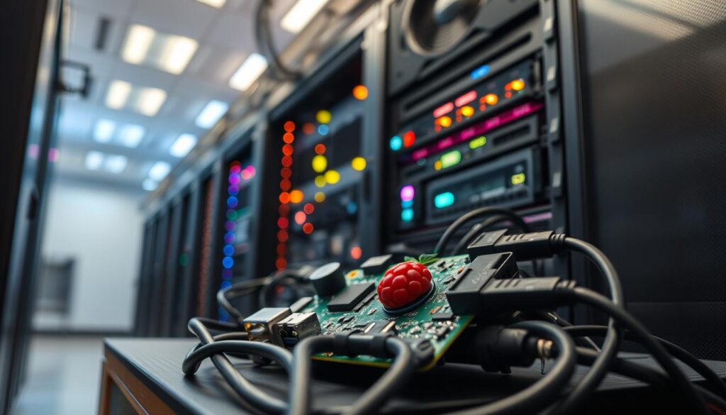 A well-lit server rack in a modern server room, the focus on a Raspberry Pi device connected to a TVHeadend streaming server. The Raspberry Pi sits prominently, surrounded by cables and network equipment. The server rack in the background features blinking lights, fans, and multiple servers, conveying a sense of a professional, technical environment. The lighting is bright and even, with soft shadows, emphasizing the technical details. The overall mood is one of a functional, efficient streaming setup, ready to power a home IPTV system.