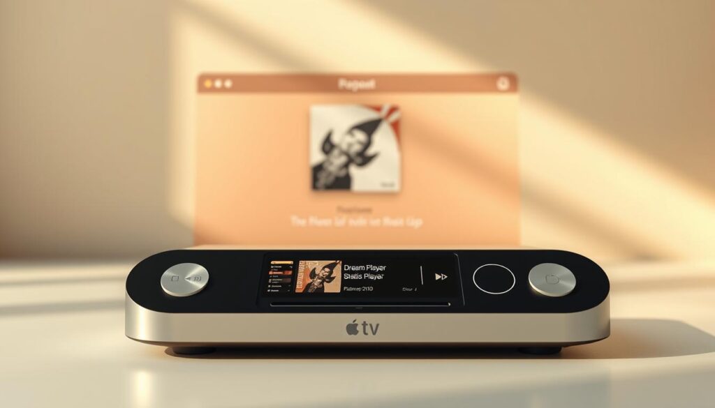 An elegantly designed Dream Player interface with a sleek, minimalist aesthetic. The foreground features the player's control panel with intuitive buttons and sliders for seamless media playback. The middle ground showcases the Dream Player's main display, highlighting album art, track information, and playback controls in a clean, typographic layout. The background depicts a subtle, soft-focus blur, creating a sense of depth and focus on the central interface. The lighting is warm and natural, casting gentle shadows that accentuate the device's smooth, tactile surfaces. The overall scene conveys a sense of refinement, efficiency, and user-friendly experience for the Dream Player on the Apple TV.