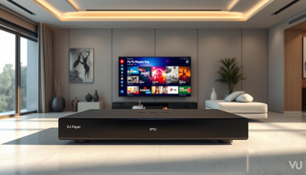 An ultra-detailed 3D render of a sleek, professional-grade VU Player Pro IPTV device, showcased against a backdrop of a modern, minimalist living room interior. The device is positioned prominently in the foreground, its clean lines and premium materials reflecting the advanced capabilities within. Soft, directional lighting illuminates the device, casting subtle shadows that accentuate its form. In the middle ground, a large, high-definition television displays a vibrant, immersive IPTV interface, highlighting the seamless integration and enhanced viewing experience provided by the VU Player Pro. The background features tasteful decor, neutral tones, and large windows that flood the space with natural light, creating an atmosphere of luxury and sophistication befitting a top-tier IPTV solution.