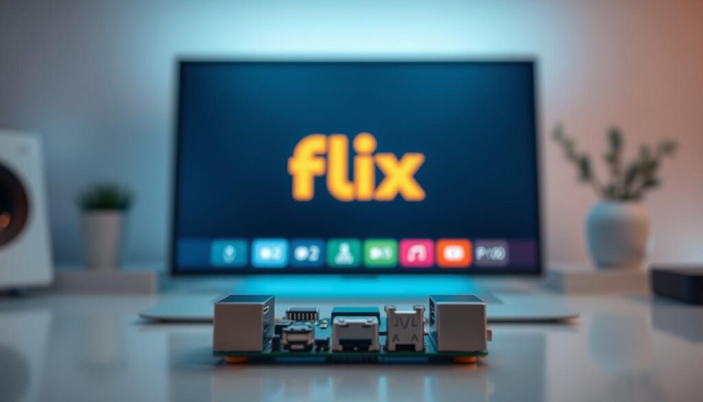 Configuração do Flix IPTV no Raspberry Pi: a closeup view of a Raspberry Pi single-board computer displaying the Flix IPTV user interface on a sleek, minimalist interface. The foreground showcases the Raspberry Pi device with precision-engineered metal housing, surrounded by a clean, modern workspace with subtle lighting. The background features a blurred, soft gradient, creating a sense of depth and focus on the central device. The overall mood is one of technical proficiency, elegance, and seamless integration between the hardware and software.