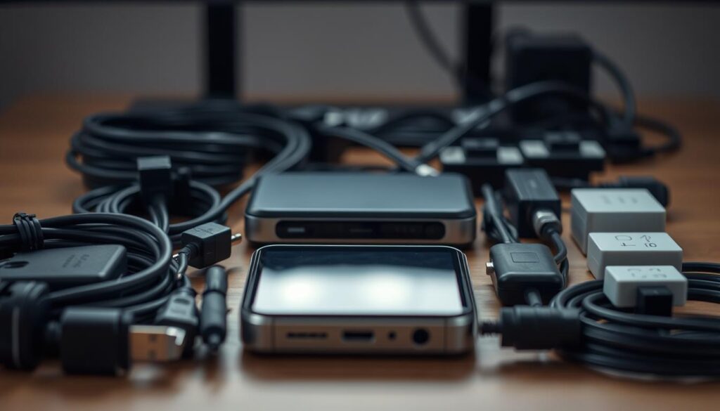 Detailed close-up view of a streaming device being prepared for installation. The device, likely a smartphone or tablet, is positioned in the center of the frame, surrounded by various cables, adapters, and accessories. The lighting is soft and diffused, highlighting the textures and materials of the components. The background is slightly blurred, emphasizing the device as the focal point. The overall mood is one of focused preparation, with a sense of anticipation for the upcoming installation process.