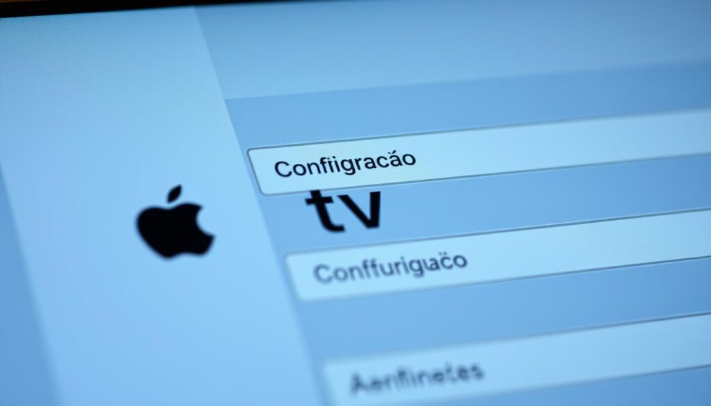 Detailed close-up view of an Apple TV device's menu interface, showcasing the "configuração m3u" (m3u configuration) section. The screen is displayed in a clean, minimalist style with a soft, warm lighting that highlights the intuitive layout and icons. The interface appears crisp and responsive, inviting the user to navigate through the various settings and options. The overall mood is one of simplicity, accessibility, and user-friendliness, reflecting the ethos of Apple's product design.