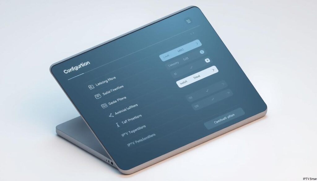 Detailed configuration menu of the IPTV Smarters app, showcasing various options and advanced functionalities. A clean, minimalist interface with a crisp, high-resolution display. The menu is presented in a 3D, isometric perspective, allowing for a clear and comprehensive view of the different settings and options. Soft, muted tones create a professional, tech-savvy atmosphere, complemented by subtle lighting effects that enhance the depth and details of the interface elements. The overall composition should convey a sense of precision, functionality, and user-friendly design, reflecting the advanced capabilities of the IPTV Smarters app.