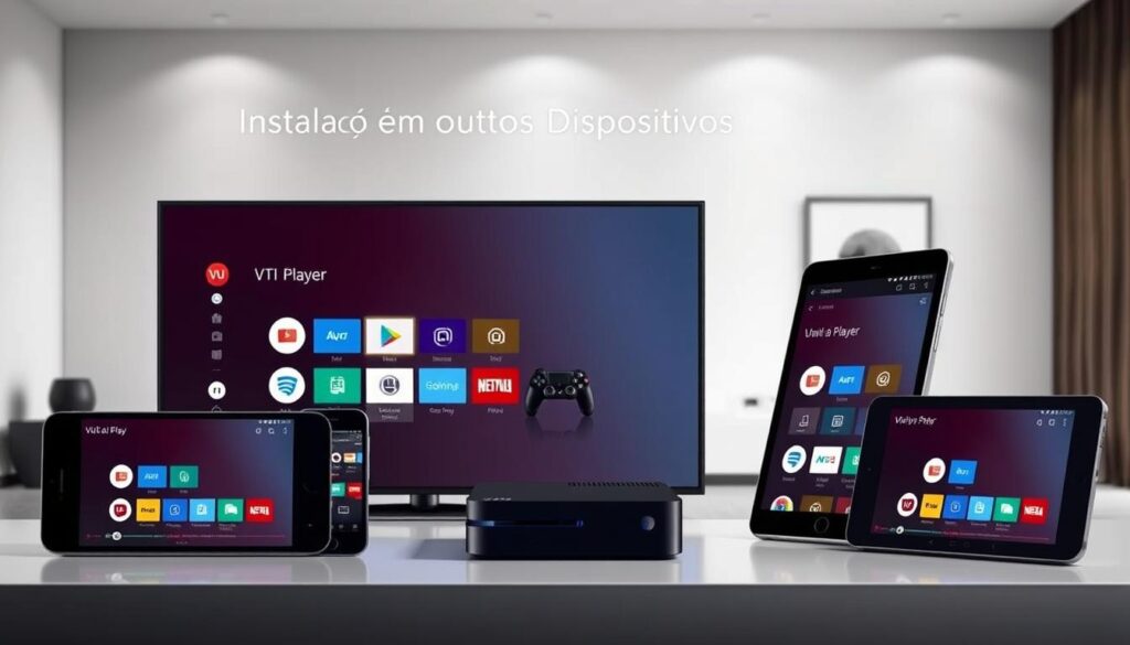 Detailed image of multiple devices displaying the VU IPTV player interface. In the foreground, a sleek smart TV, smartphone, and tablet are arranged with their screens showing the VU player's intuitive UI. The middle ground features a gaming console and streaming box, all seamlessly connected and sharing the same content. The background has a minimalist, modern interior design with subtle lighting, emphasizing the ease of multi-device setup and accessibility of the VU IPTV system. The overall scene conveys a sense of technological integration and user-friendly experience for the "Instalação em Outros Dispositivos" section.