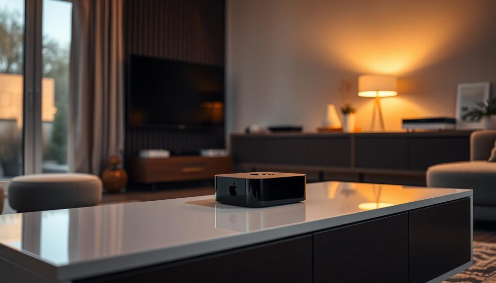 Detailed wide-angle shot of a modern living room with an Apple TV device prominently displayed on a sleek media console. The room is bathed in warm, cozy lighting, creating a relaxing atmosphere. The Apple TV is the focal point, surrounded by minimalist decor and carefully arranged entertainment components. The image conveys a sense of optimization and seamless integration of streaming technology into a refined, comfortable home environment.