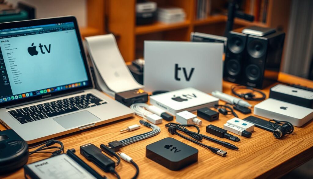 Preparation tools for Apple TV software installation. A neatly organized workstation with various hardware and software tools, including a laptop, cables, adapters, and other accessories. The scene is well-lit, with a warm, professional atmosphere. The tools are arranged in a visually appealing manner, suggesting a methodical and organized approach to the task at hand. The background is slightly blurred, keeping the focus on the essential tools and equipment needed for the Apple TV software preparation.