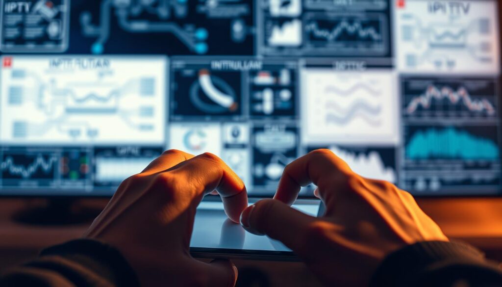 Resolução problemas iptv: A close-up view of a person's hands interacting with a mobile device, likely an iPhone or iPad, against a blurred background of technical diagrams and charts related to IPTV installation. The scene is illuminated by soft, warm lighting, creating a contemplative and problem-solving atmosphere. The hands are focused on the screen, suggesting the user is actively troubleshooting an issue or reviewing a guide to resolve an IPTV-related problem. The composition emphasizes the personal, hands-on nature of the task at hand, conveying a sense of determination and the search for a solution.