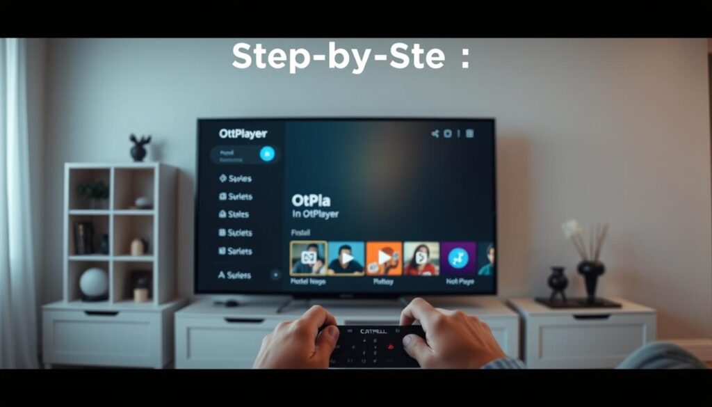 Step-by-step installation of OttPlayer on a smart TV, showcasing the process in a clean, well-lit environment. A minimalist living room setting with a modern TV and simple home decor serves as the backdrop. The user's hands are shown interacting with the TV's remote control, navigating through the on-screen menus to install the OttPlayer application. The lighting is soft and diffuse, creating a warm, inviting atmosphere that emphasizes the ease and simplicity of the installation process.