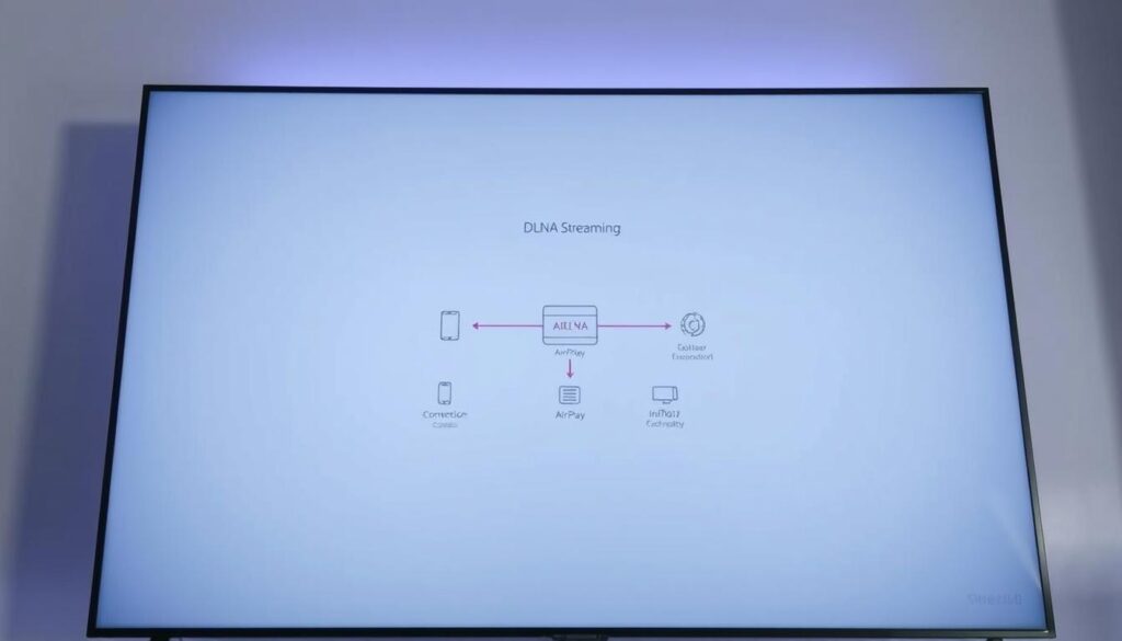 a sleek, modern smart TV screen displaying a DLNA streaming interface, with various icons and controls for configuring AirPlay and other media streaming services. The screen has a clean, minimalist design with a soft, neutral color palette. In the foreground, there is a simplified diagram or illustration of the DLNA and AirPlay connection process, with clear visual cues and intuitive user controls. The middle ground features a subtle background pattern or texture that suggests a modern, technology-focused atmosphere. The lighting is soft and even, creating a sense of clarity and focus on the main elements of the interface. The camera angle is slightly elevated, giving a slightly birds-eye view of the screen, to provide a comprehensive overview of the configuration process.